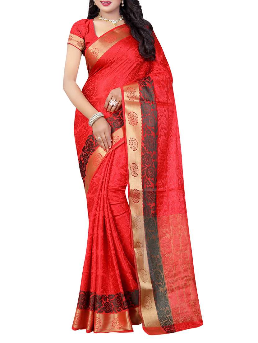 red cotton silk woven saree with blouse