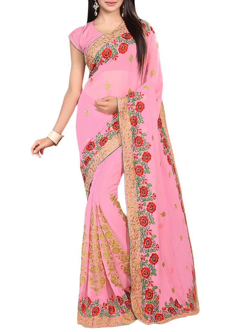 pink georgette embroidered saree with blouse