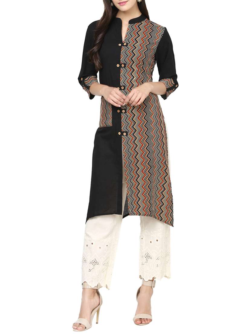 black cotton printed straight kurta