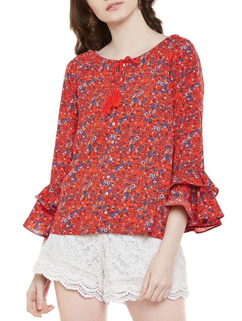 orange floral printed ruffle top
