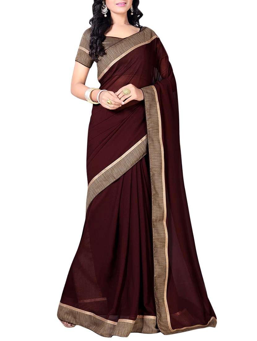 brown georgette brocade bordered saree with blouse