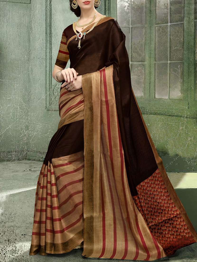 brown khadi printed saree with blouse