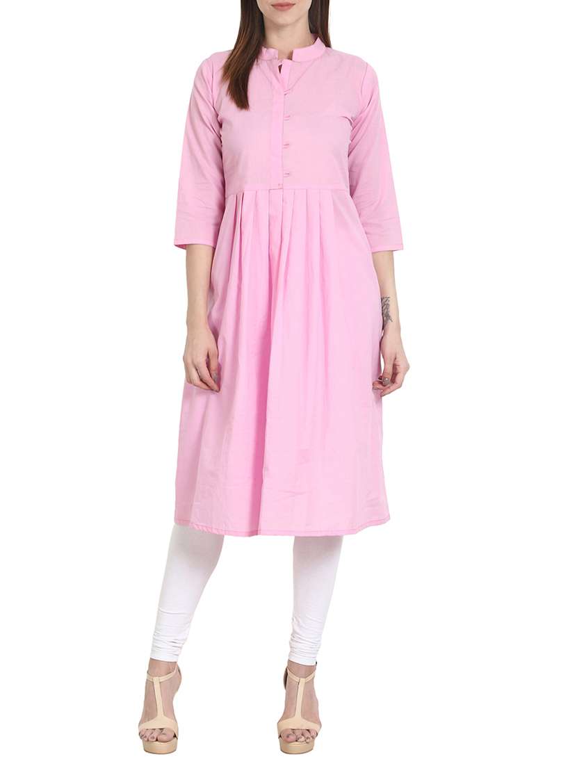 pink cotton solid flared kurta