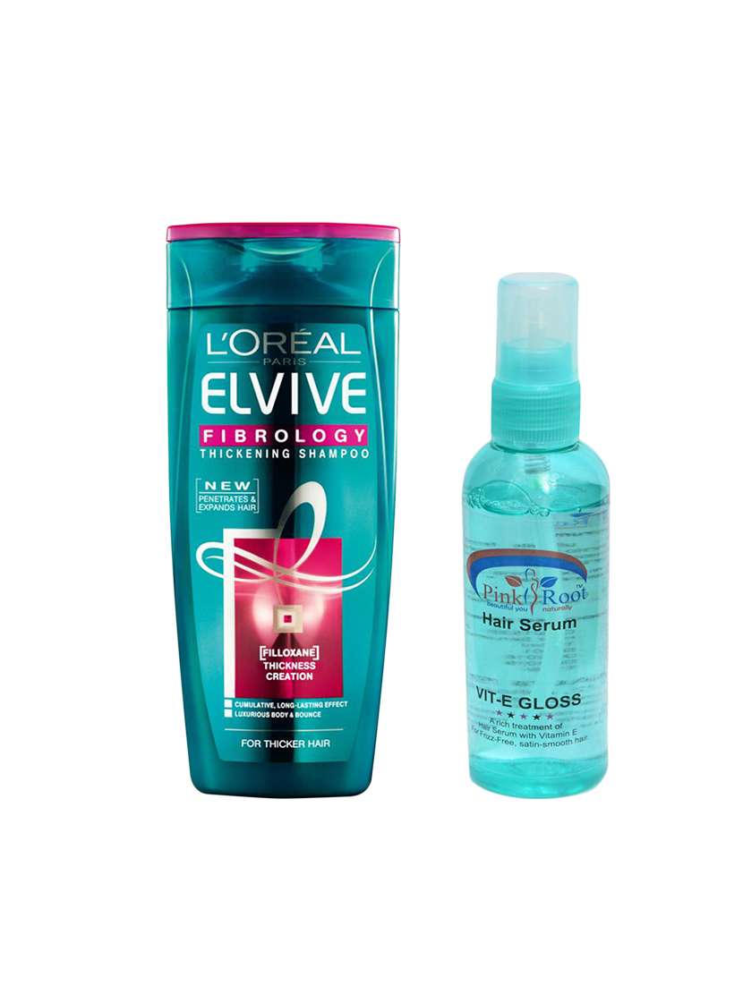 loreal elvive fibrology thickening shampoo with pink root hair serum