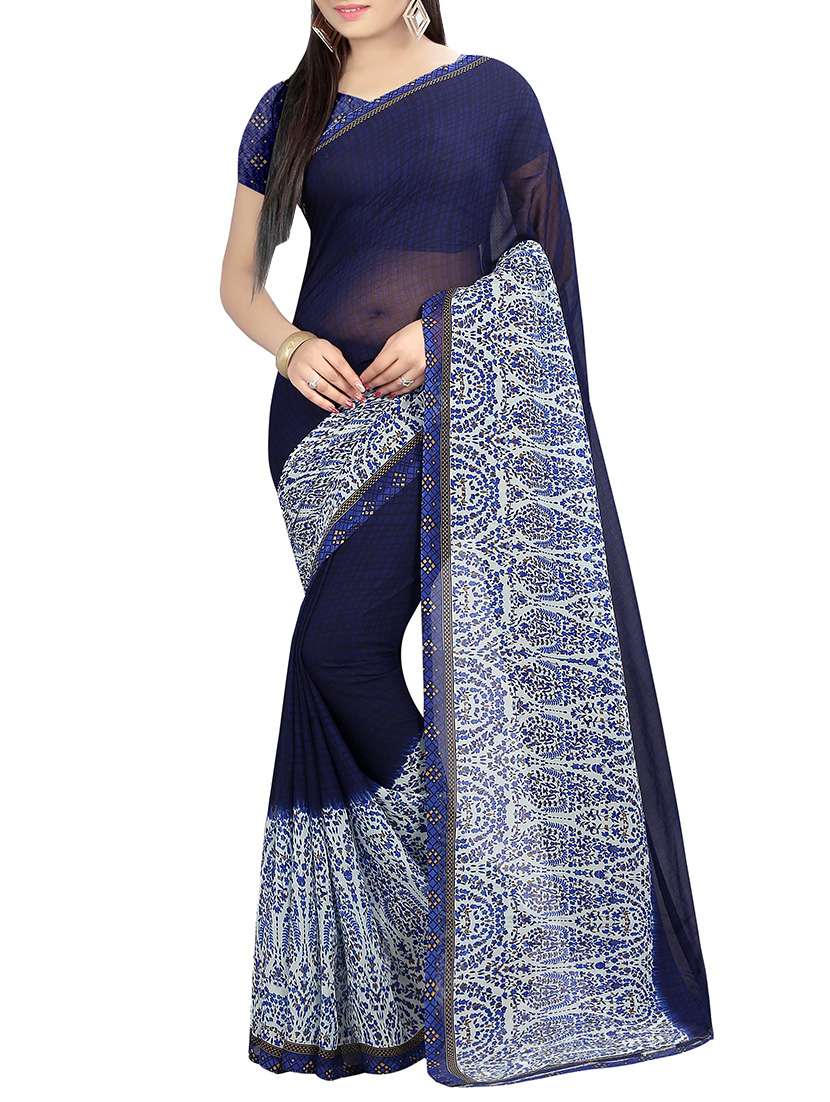 blue printed georgette saree with blouse