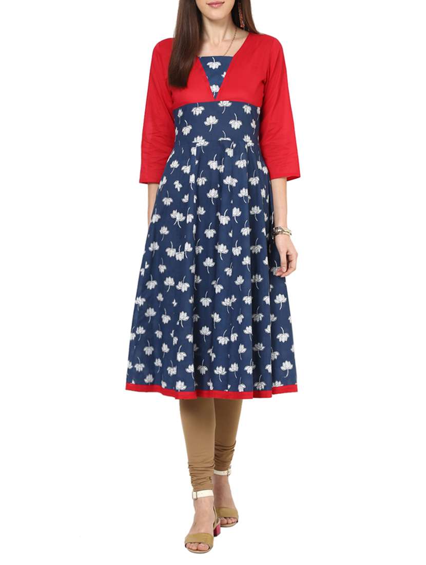 blue cotton printed flared kurta