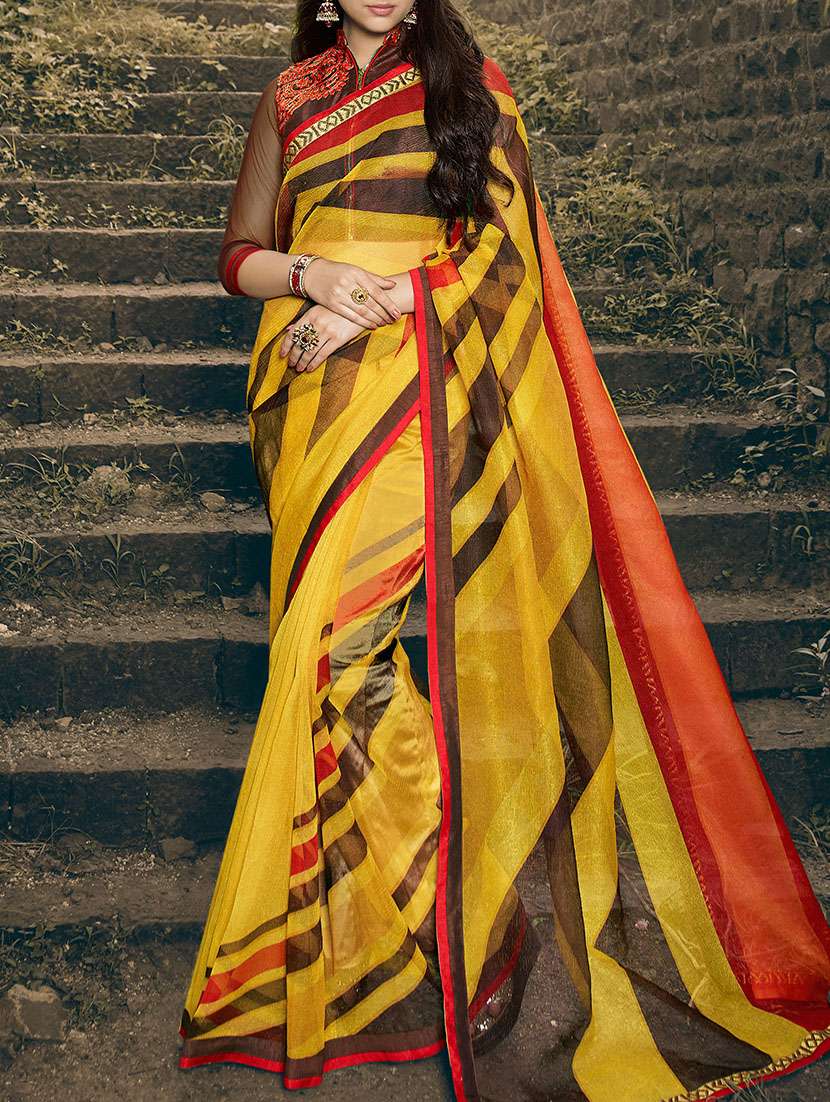 yellow rajjo net printed saree