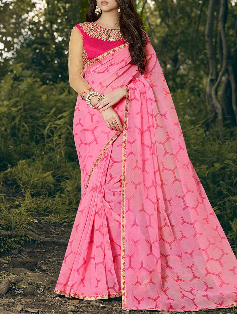 women's geometric pink colored saree