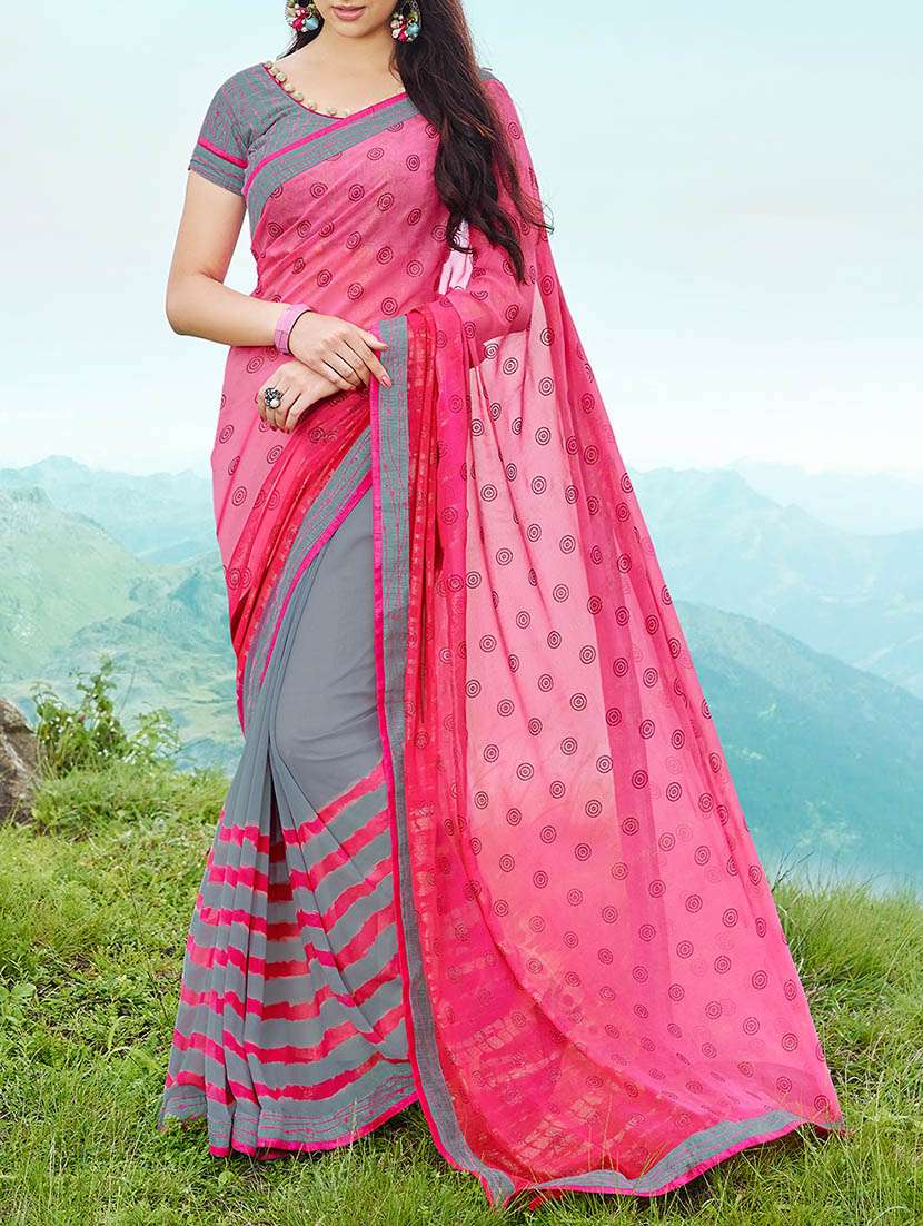 pink & grey georgette printed half & half saree
