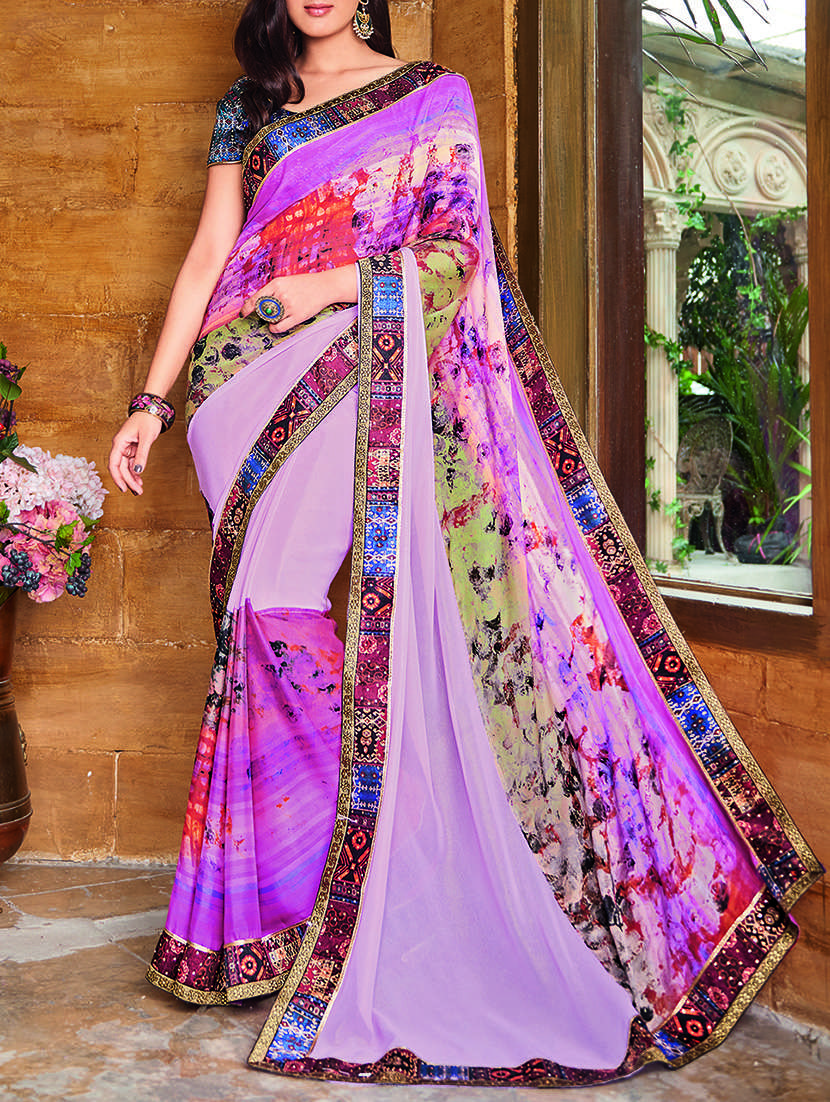purple satin printed saree with blouse