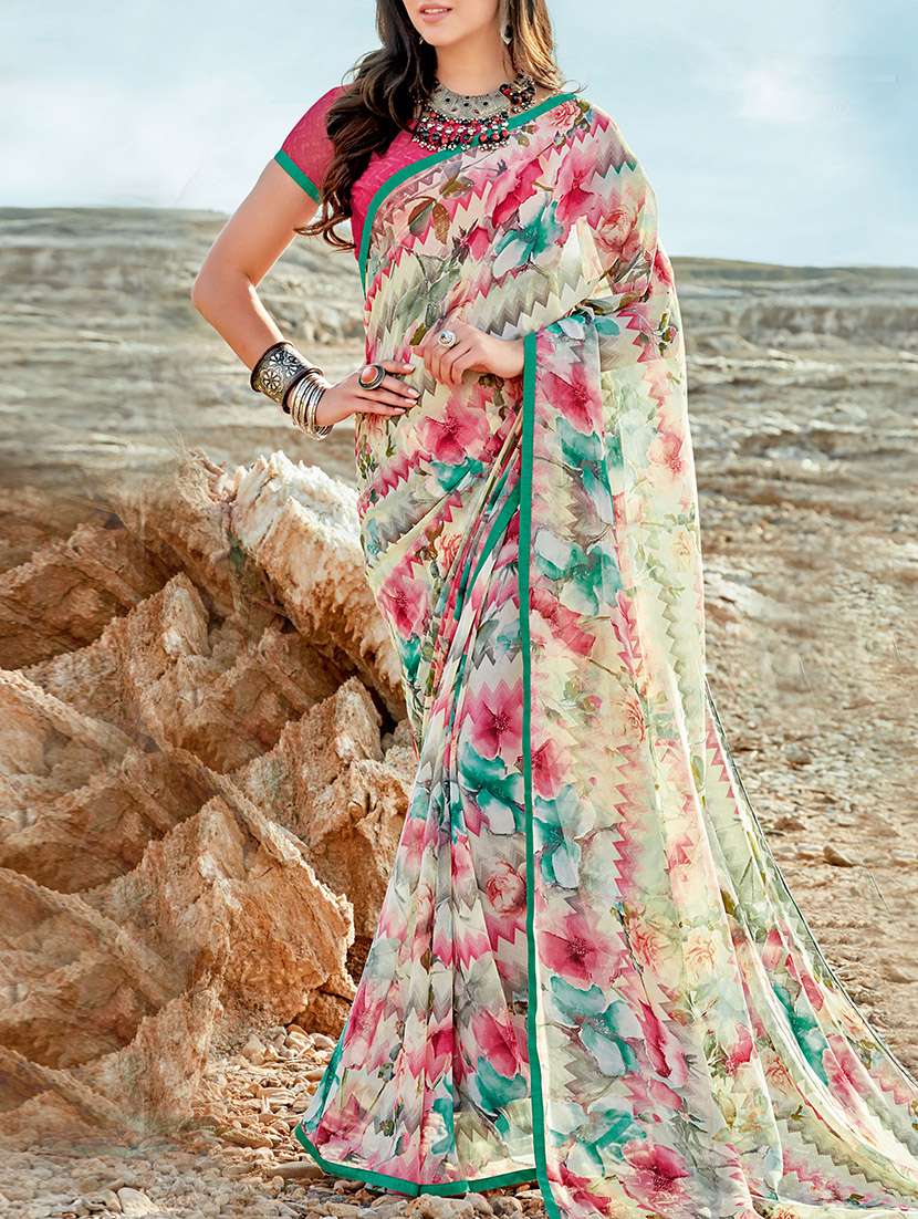 multi coloured georgette printed saree with blouse