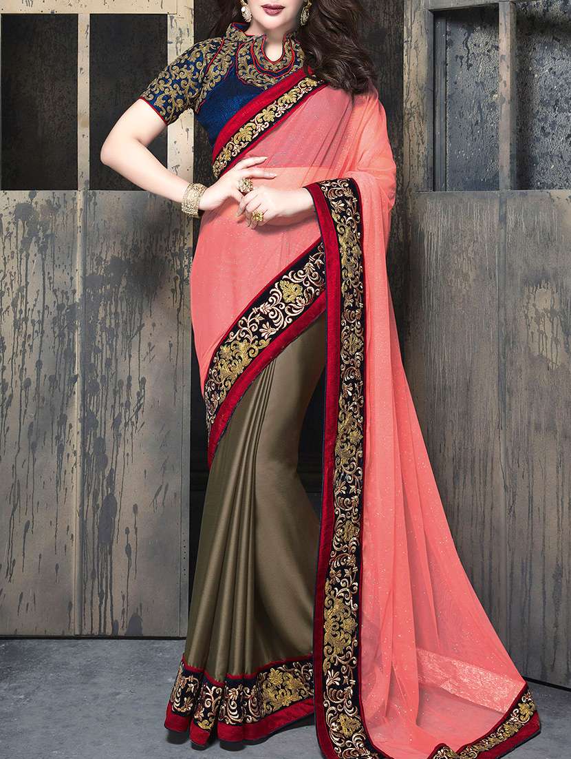 peach and brown half and half saree with blouse