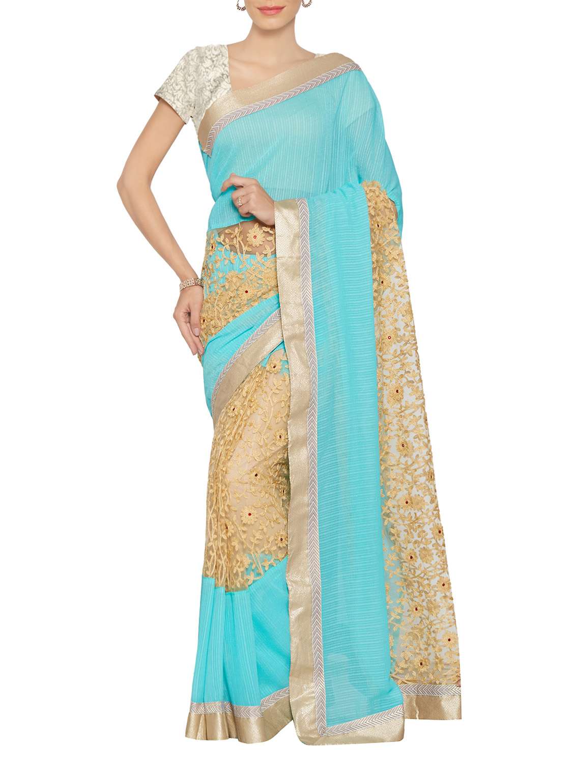 sky blue chiffon embroidered saree