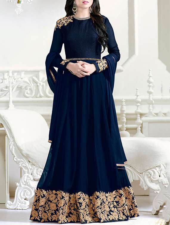 navy blue embroidered anarkali semi-stitched suit