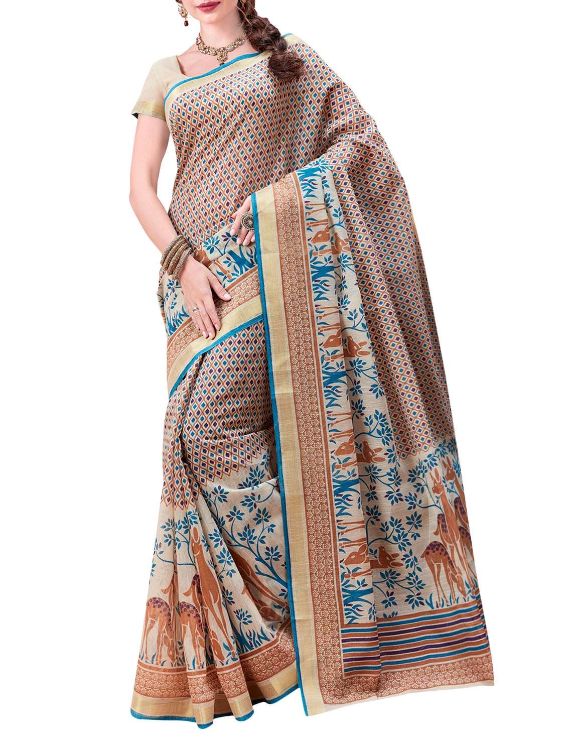 multi coloured cotton printed saree with blouse
