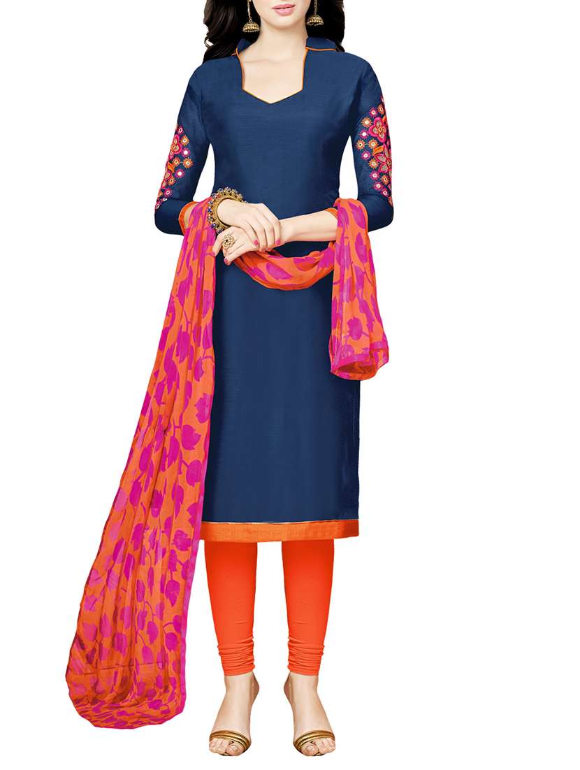 navy blue chanderi cotton embroidered churidaar suit dress material