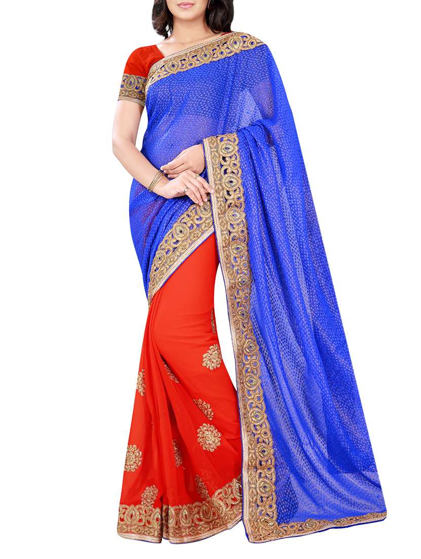blue and red embroidered half and half  saree with blouse
