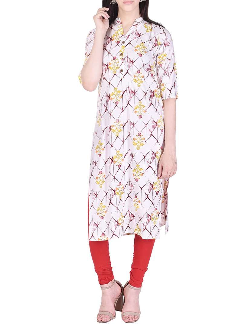 white rayon printed straight kurta