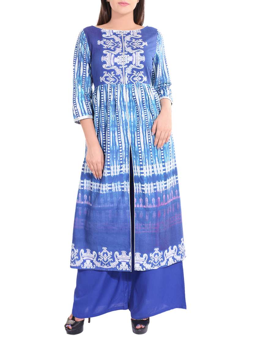 blue cotton printed high slit kurta