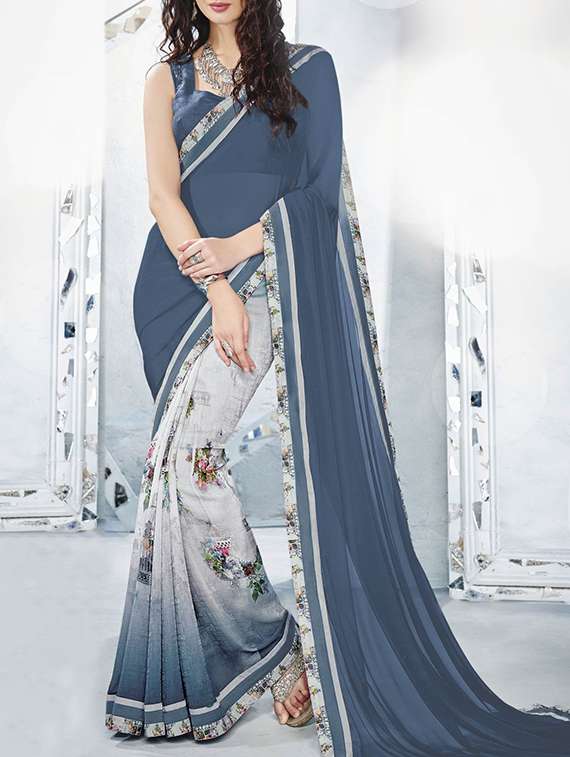 blue georgette half and half saree with blouse