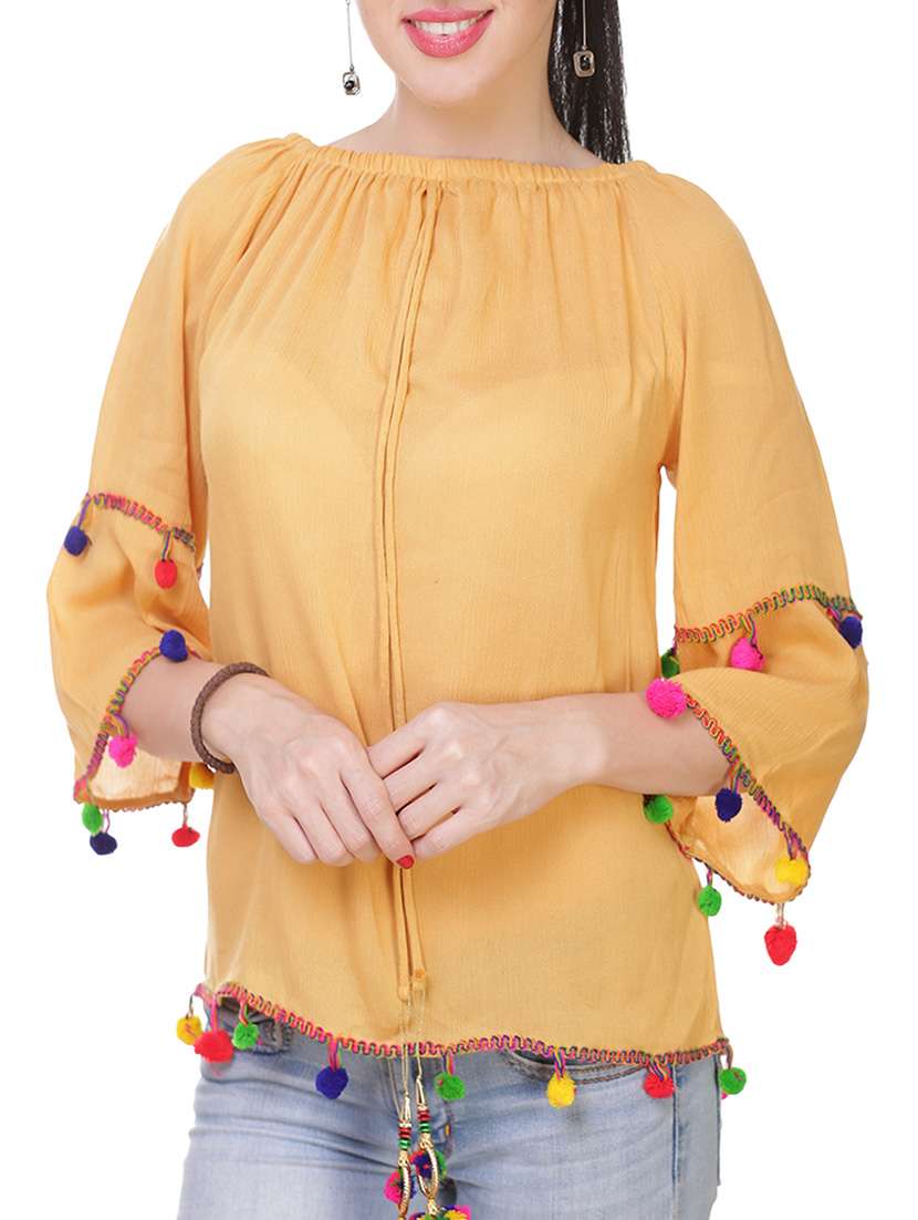 pom pom laced bell sleeved top