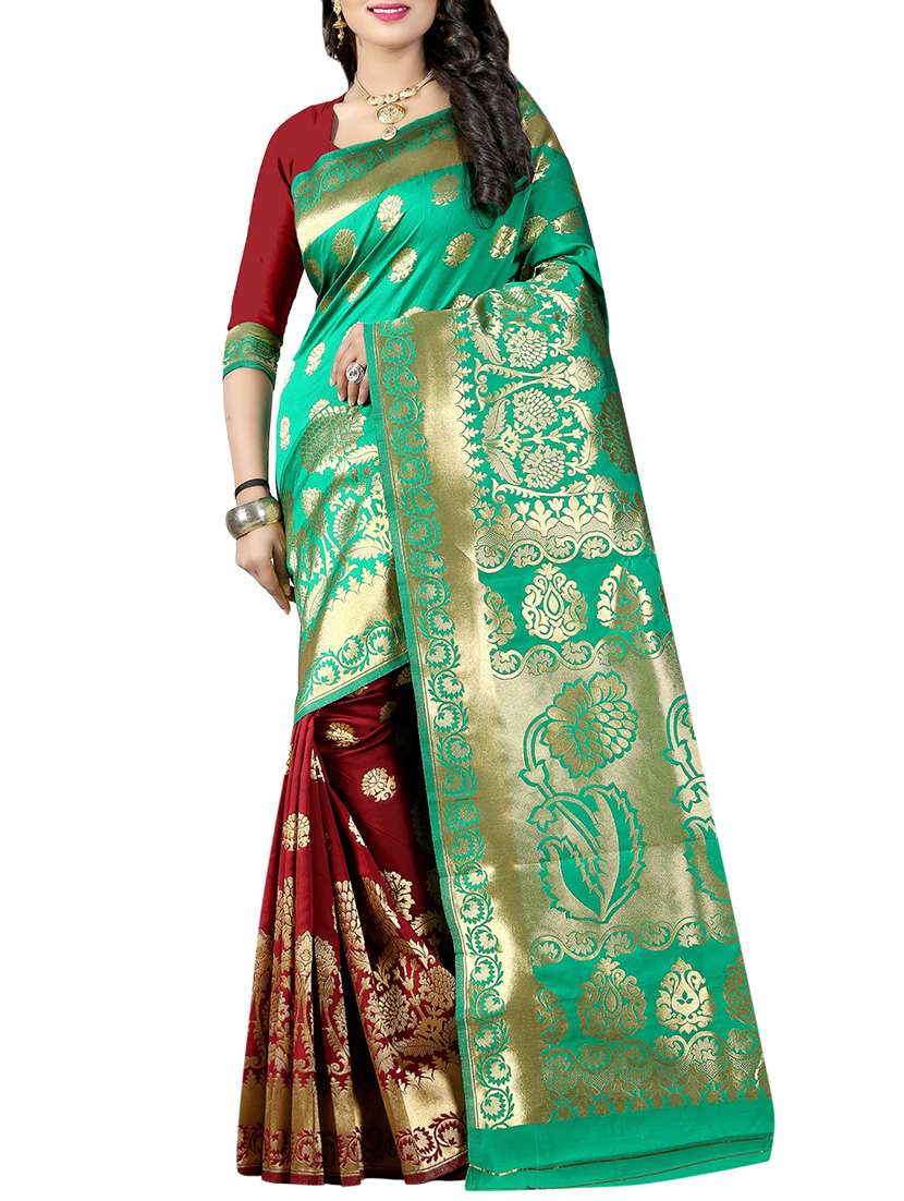 green & maroon art silk kanjivaram saree with blouse