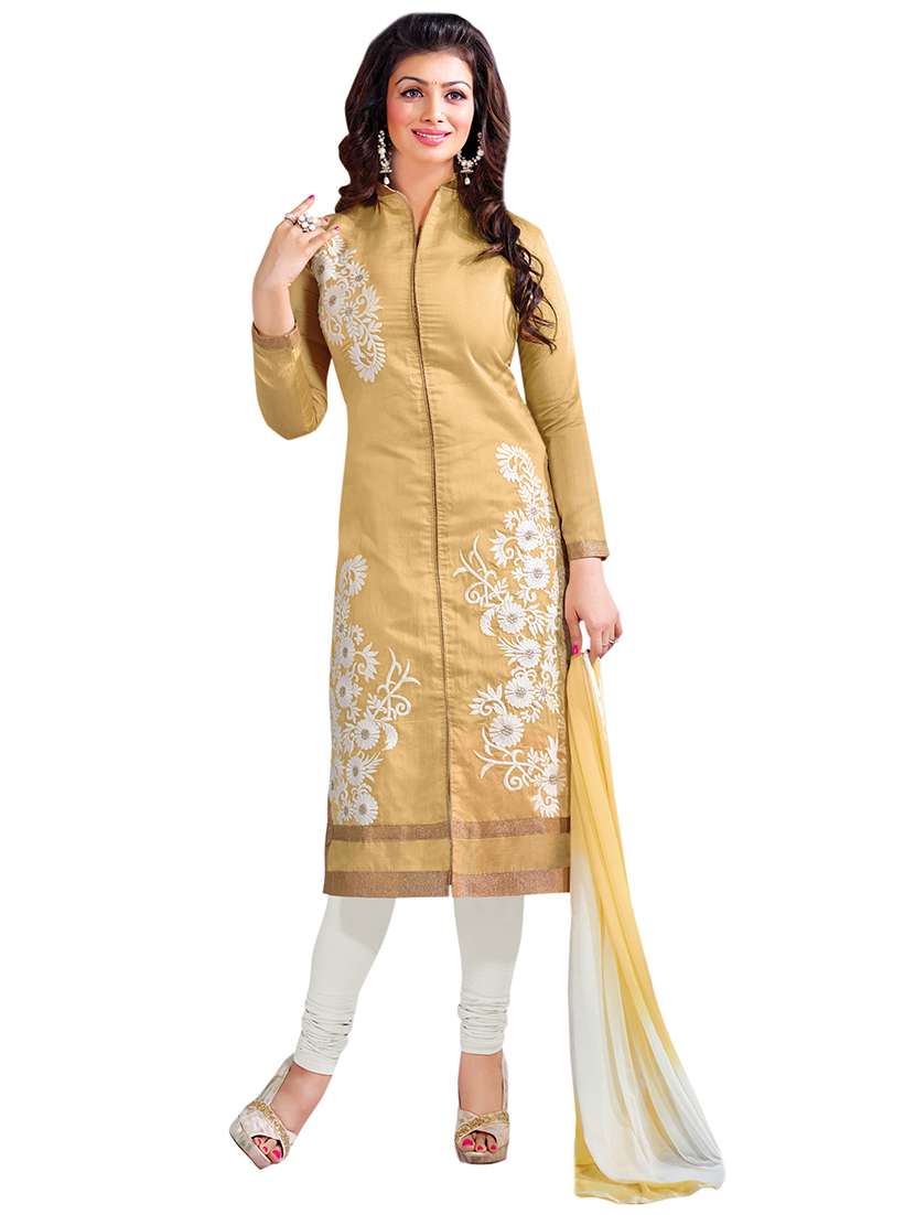 beige embroidered unstitched churidaar suit