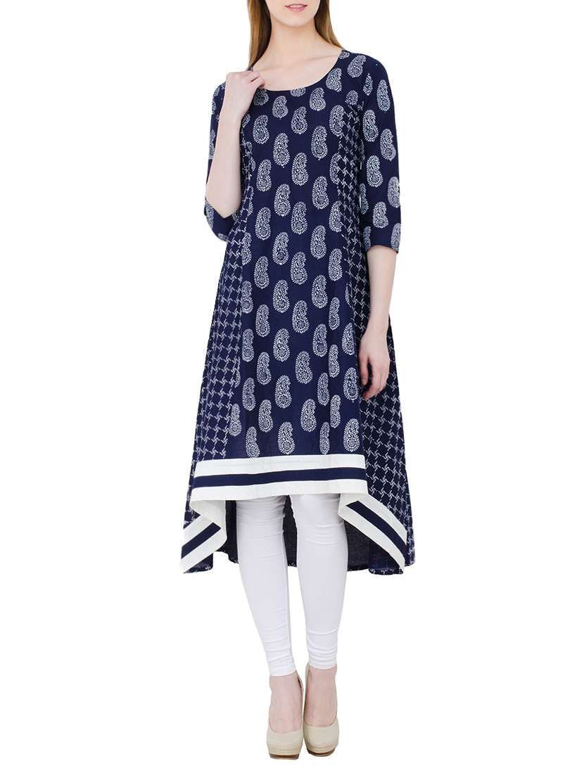 blue cotton printed high-low kurta