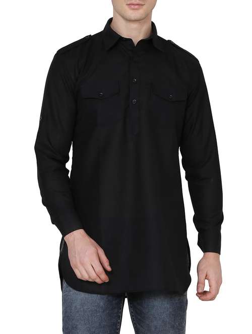 solid black cotton kurta - 13882661 - Standard Image - 0