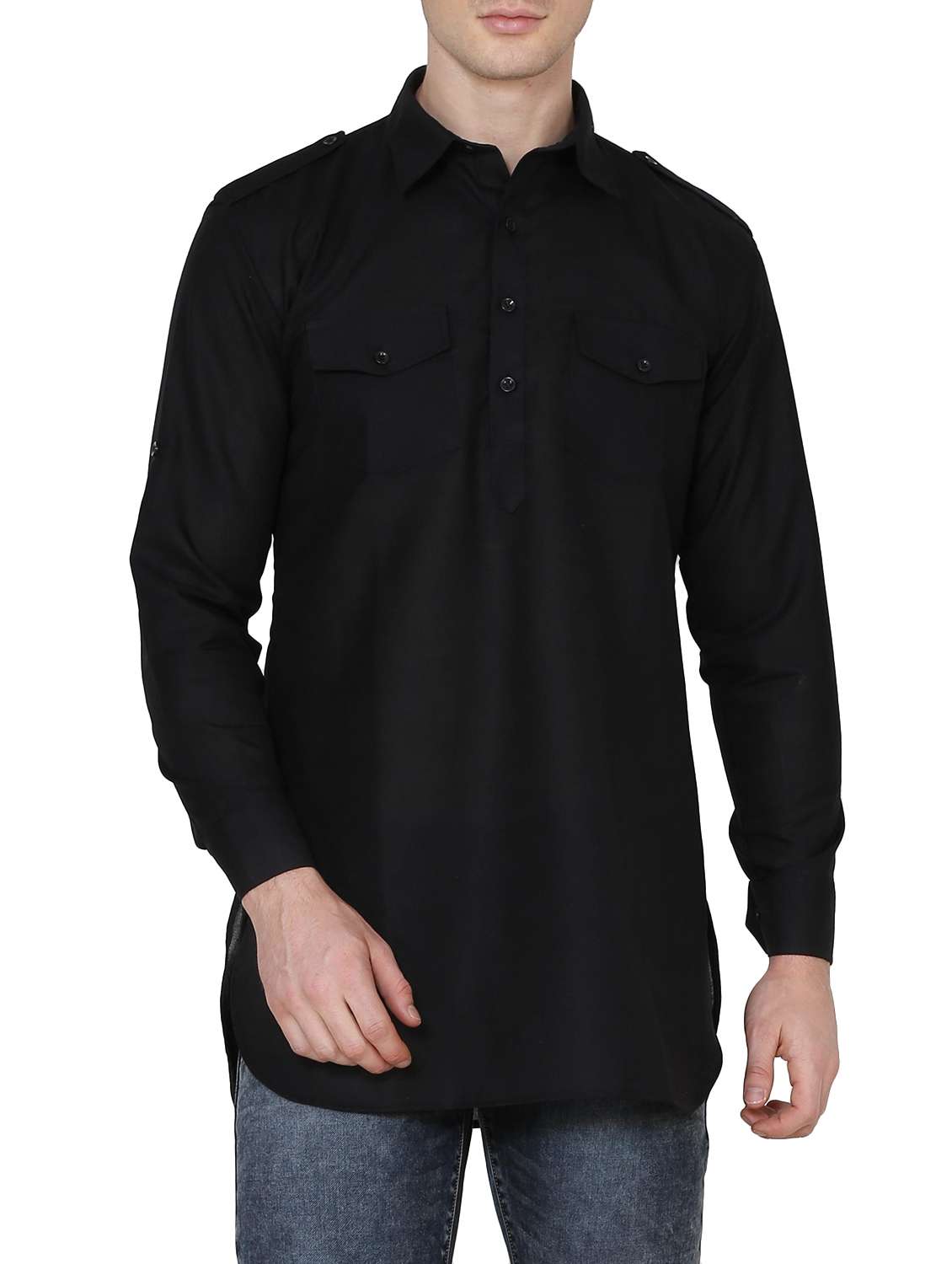 solid black cotton kurta - 13882661 - Zoom Image - 0