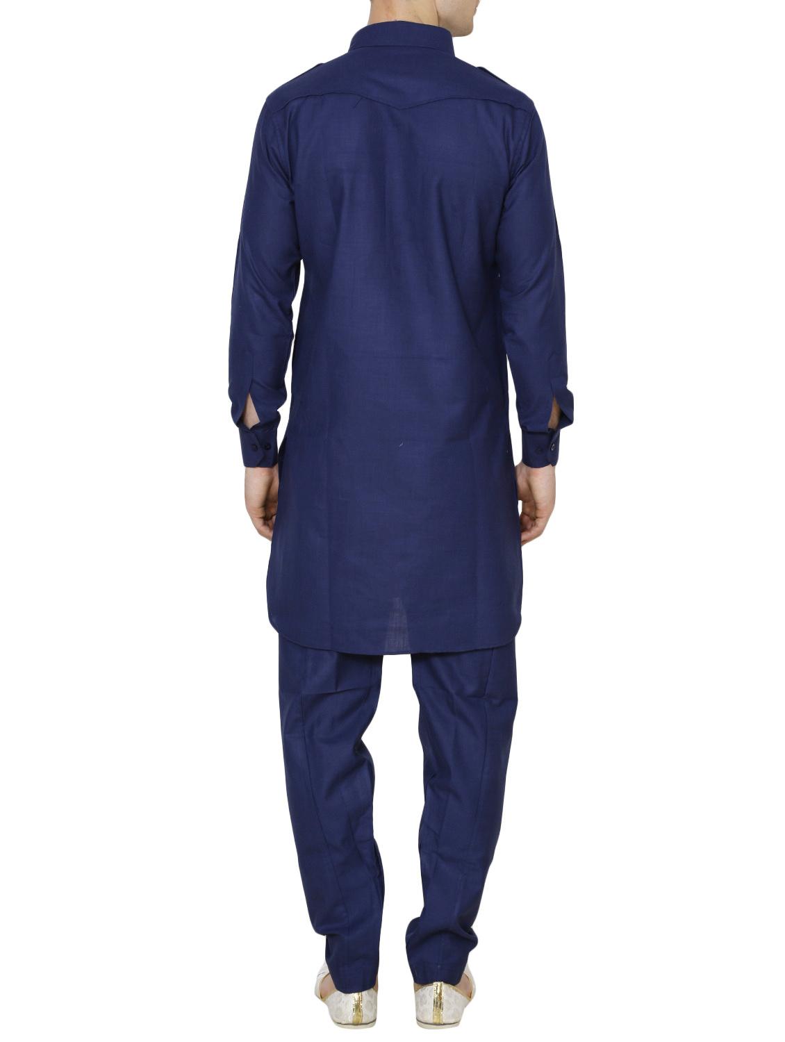 solid navy blue nylon kurta pyjama set - 13882668 - Standard Image - 2