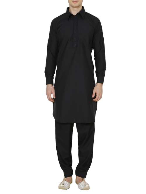 solid black cotton kurta pyjama set - 13882670 - Standard Image - 0