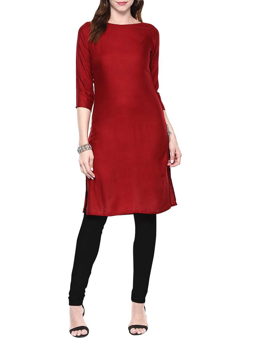 maroon rayon solid straight kurta
