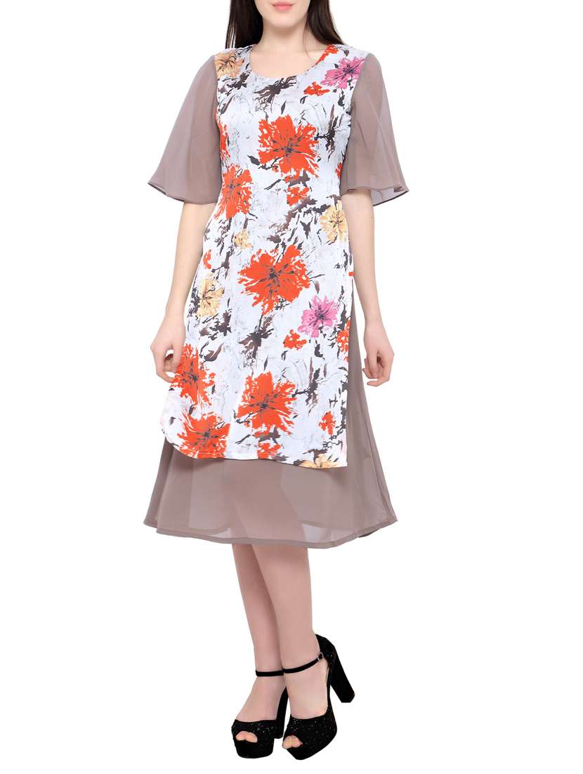 white floral printed georgette layered dress