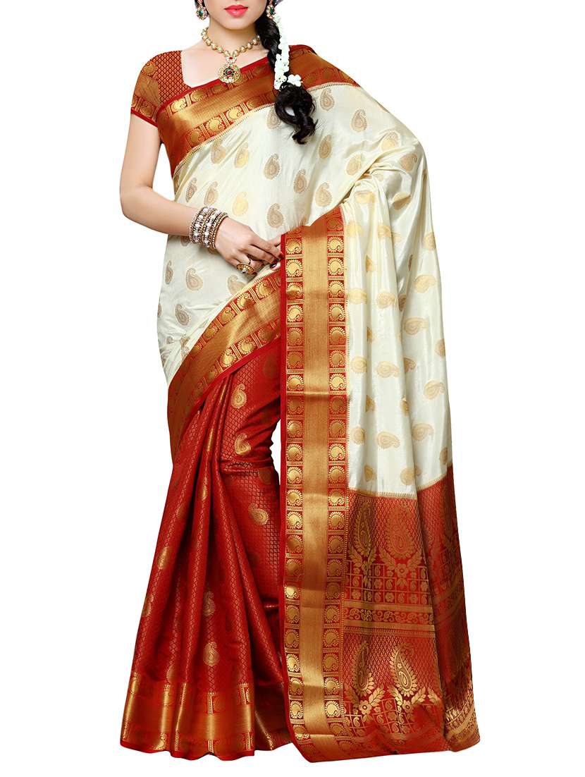 women's self design red colored saree with blouse