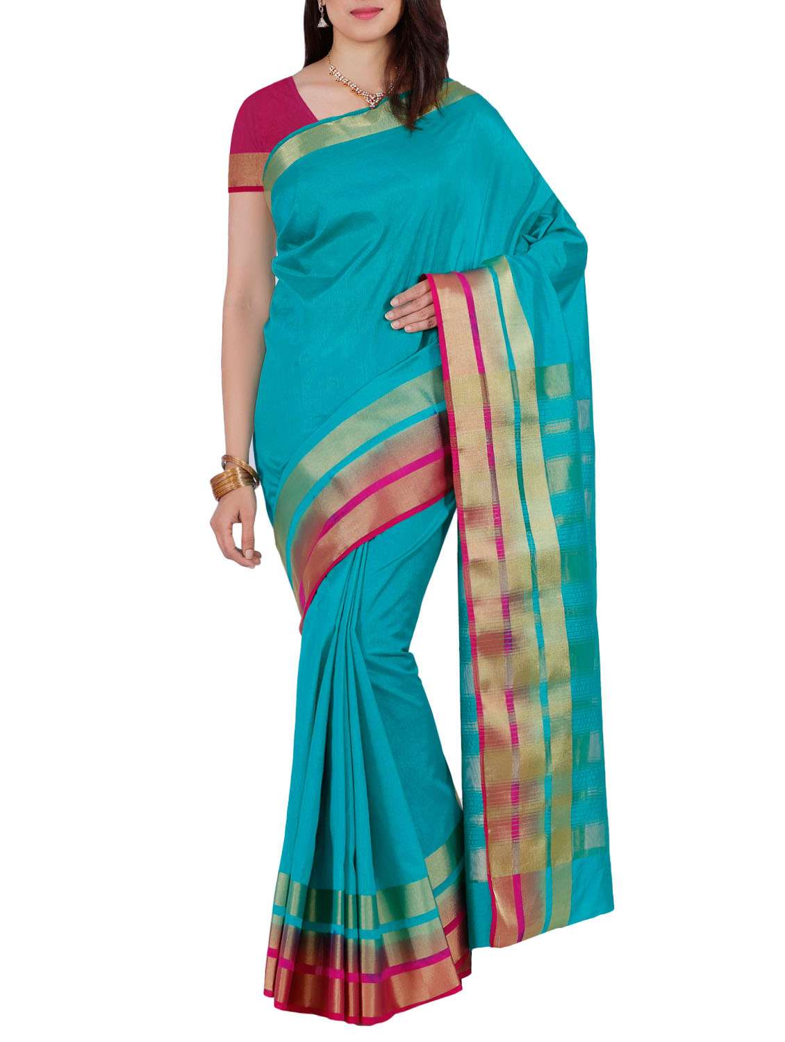 turquoise art silk bordered saree with blouse