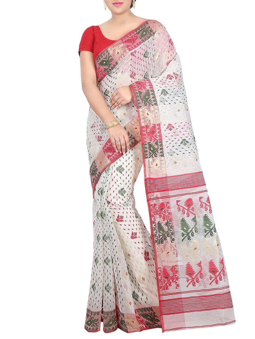white cotton silk jamdani saree
