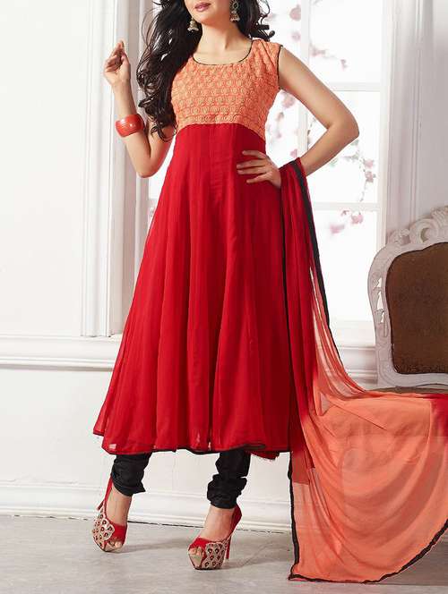 maroon georgette embroidered anarkali dress material - 13890489 - Standard Image - 0