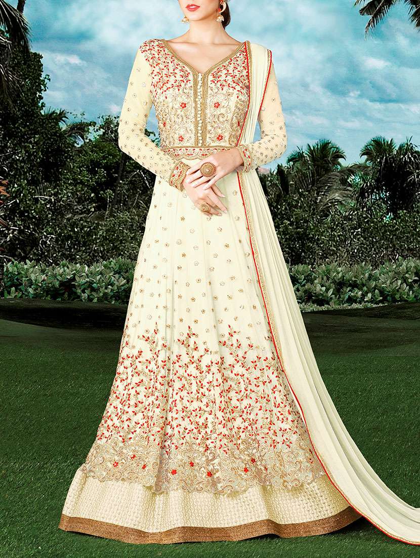 cream net anarkali semistitched suit