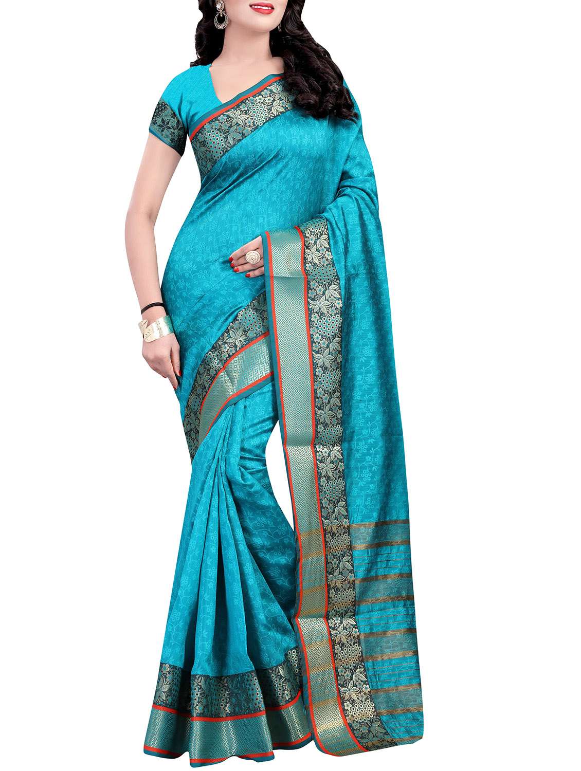 turquoise cotton silk woven saree with blouse