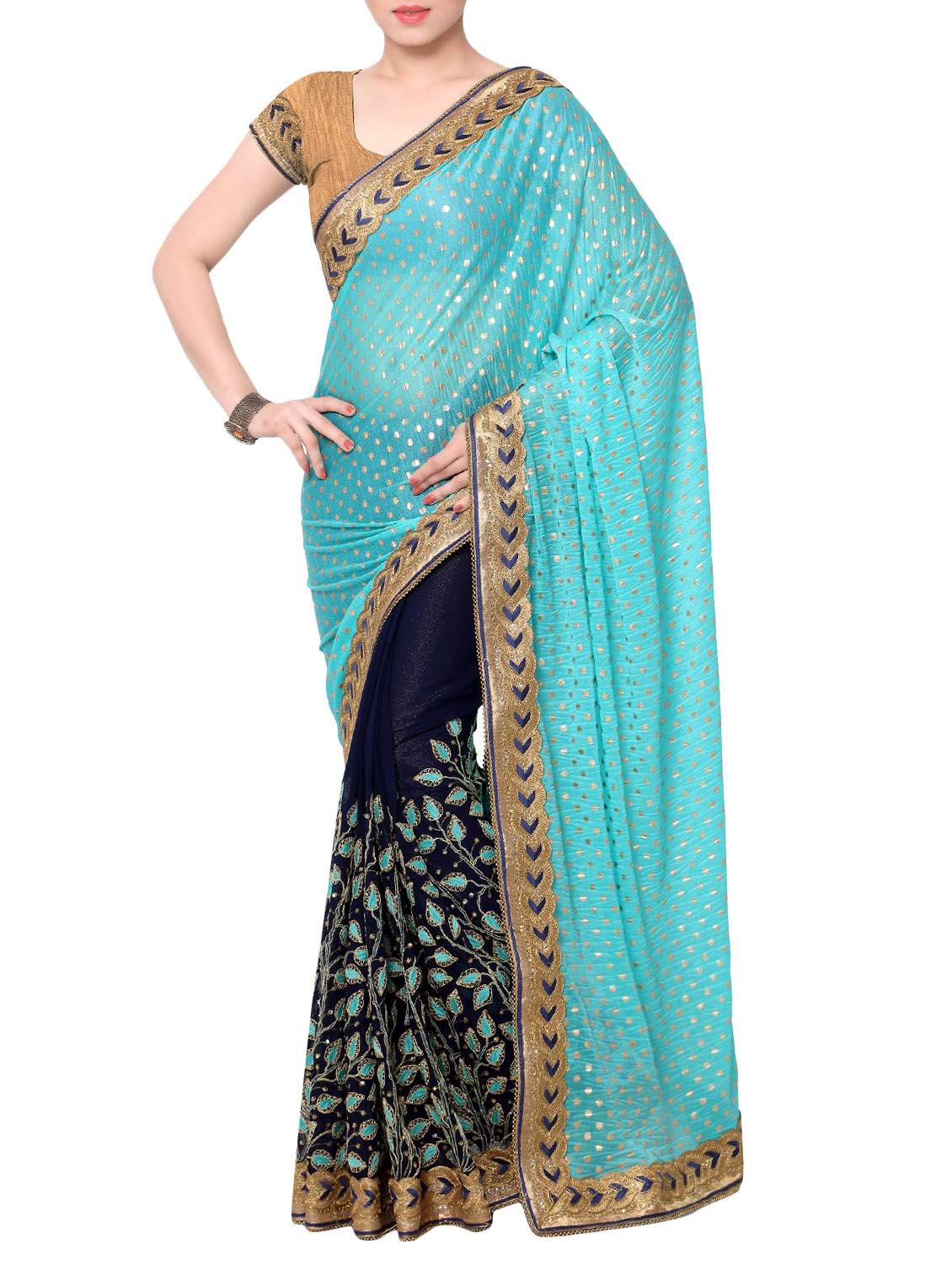 sky blue faux georgette half and half saree with blouse