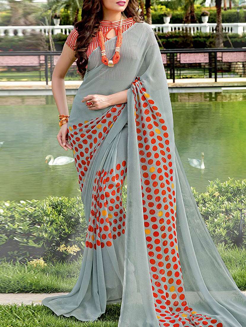 grey georgette printed saree with blouse