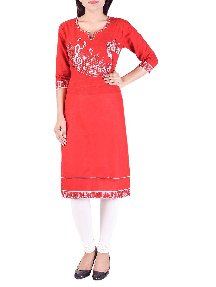 red cotton embroidered straight kurta