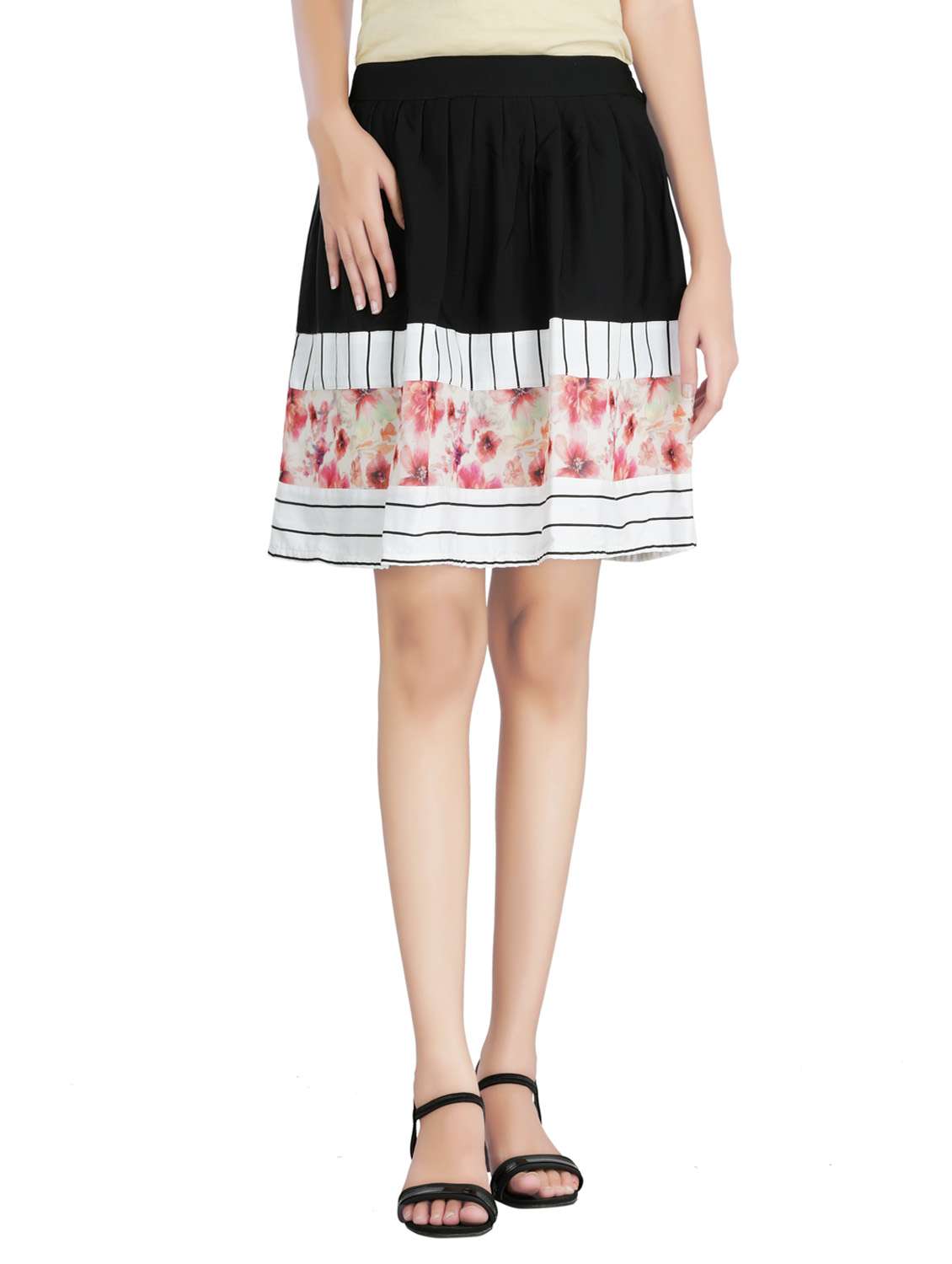 black printed crepe pleated skirt