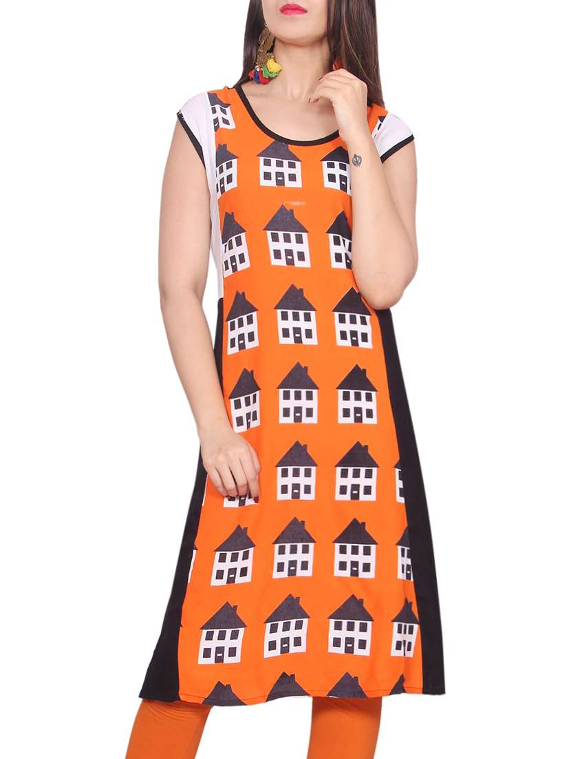 orange rayon printed a-line kurta
