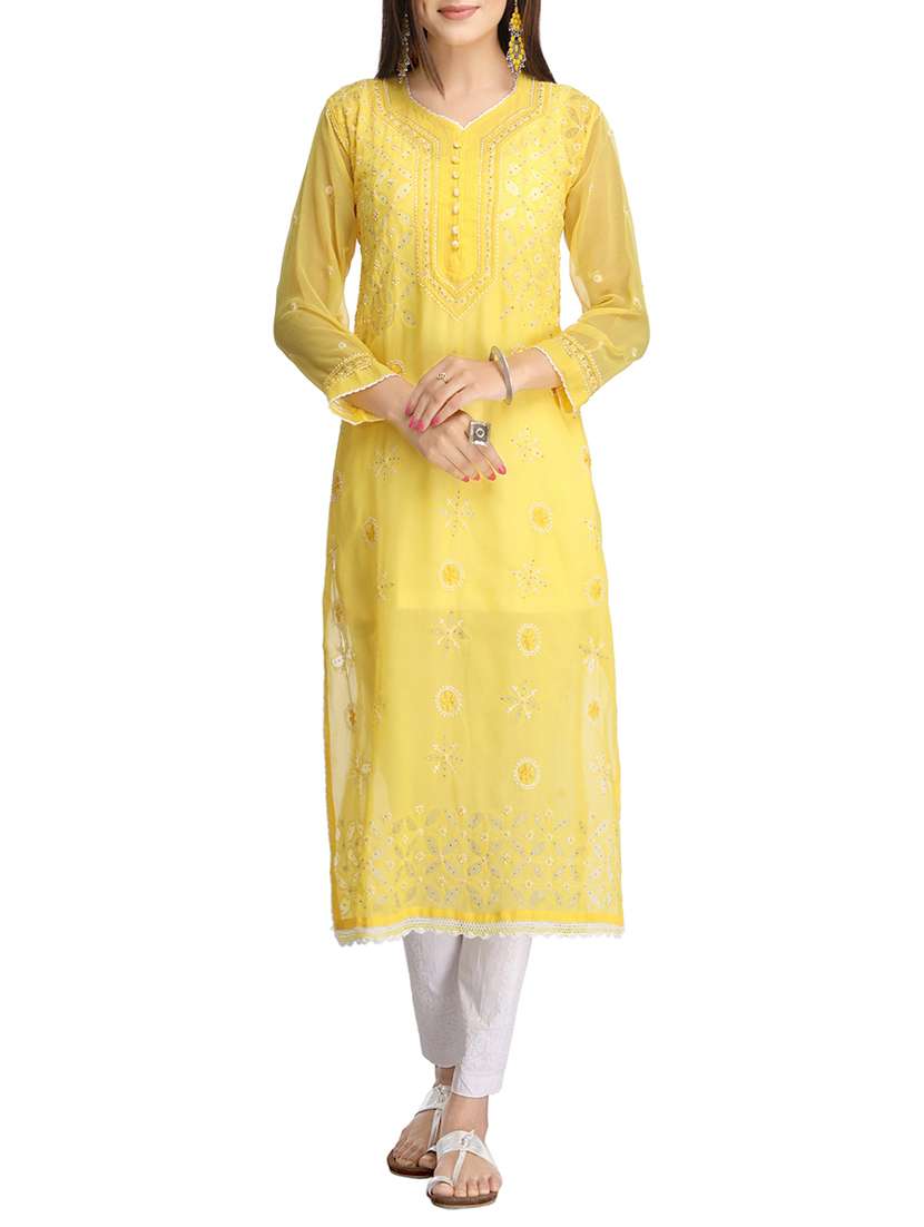 ada yellow georgette straight kurta