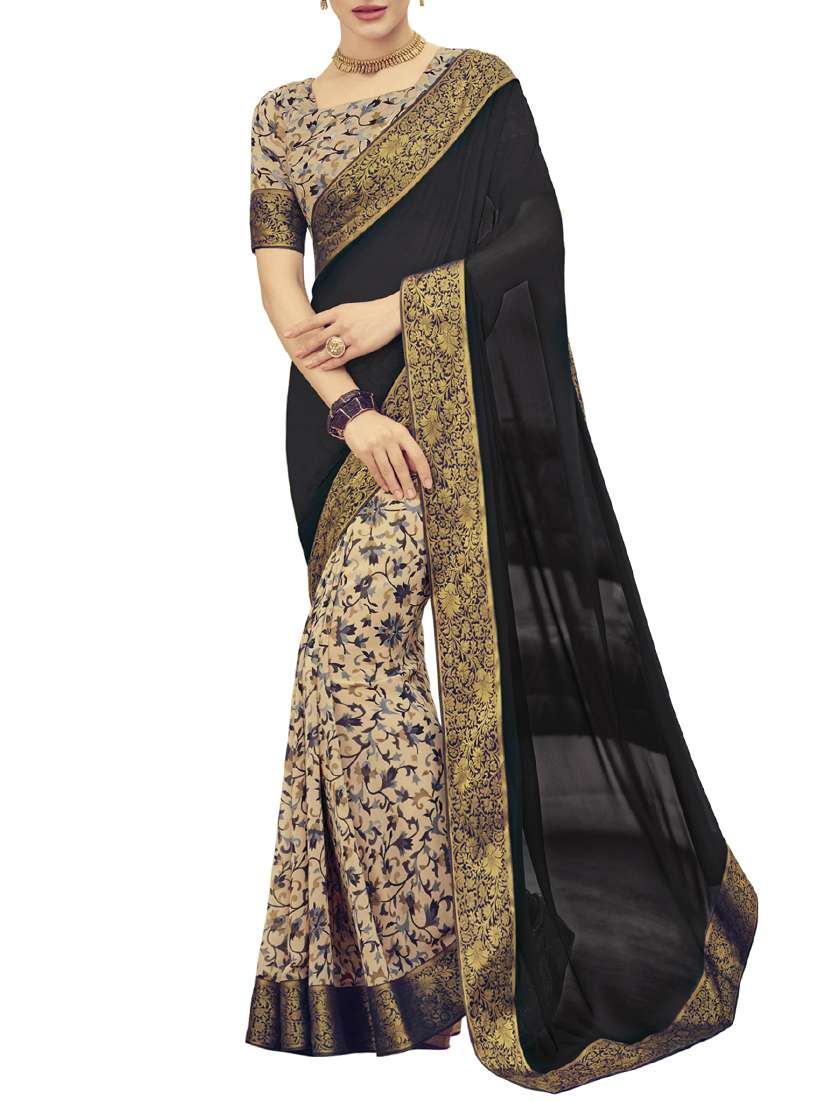 black & beige georgette half & half saree with blouse