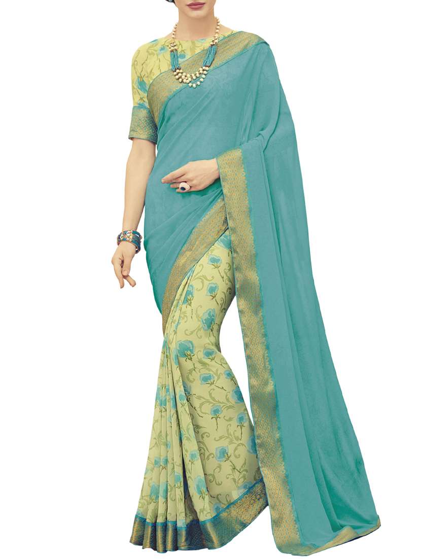 turquoise & beige georgette half and half saree with blouse