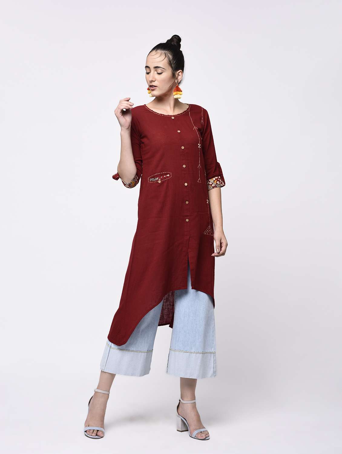 maroon cotton highlow kurta