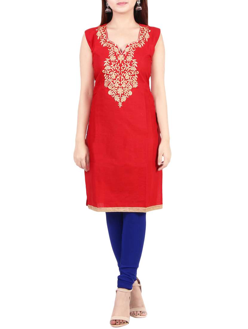 red cotton embroidered straight kurta